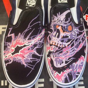 Vans Men's 5.5/Women's 7 Slip On Zap Glow In Dark Dress Blues/Black Skulls